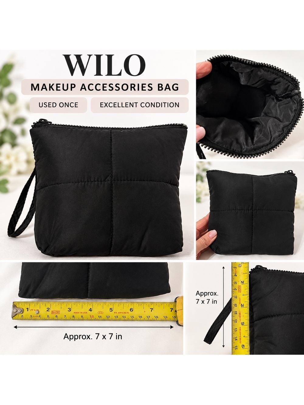Wilo Black Quilted Makeup Accessories Bag